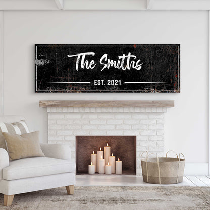 Family Rustic Sign II canvas by Tailored Canvases; distressed black finish with white border and EST. 2021 lettering on Tampa Home & Garden Store