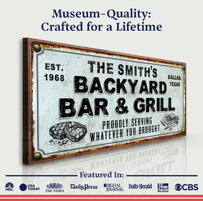 Canvas sign Backyard Bar & Grill XXIV by Tailored Canvases, rustic weathered metal look on Tampa Home & Garden Store