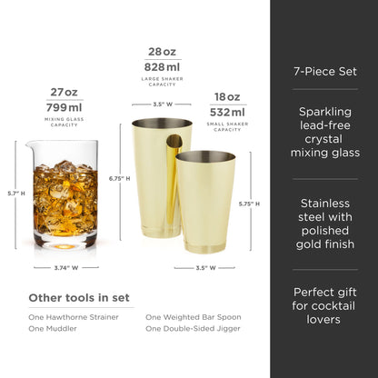 Seven Piece Gold Cocktail Shaker and Bar Set