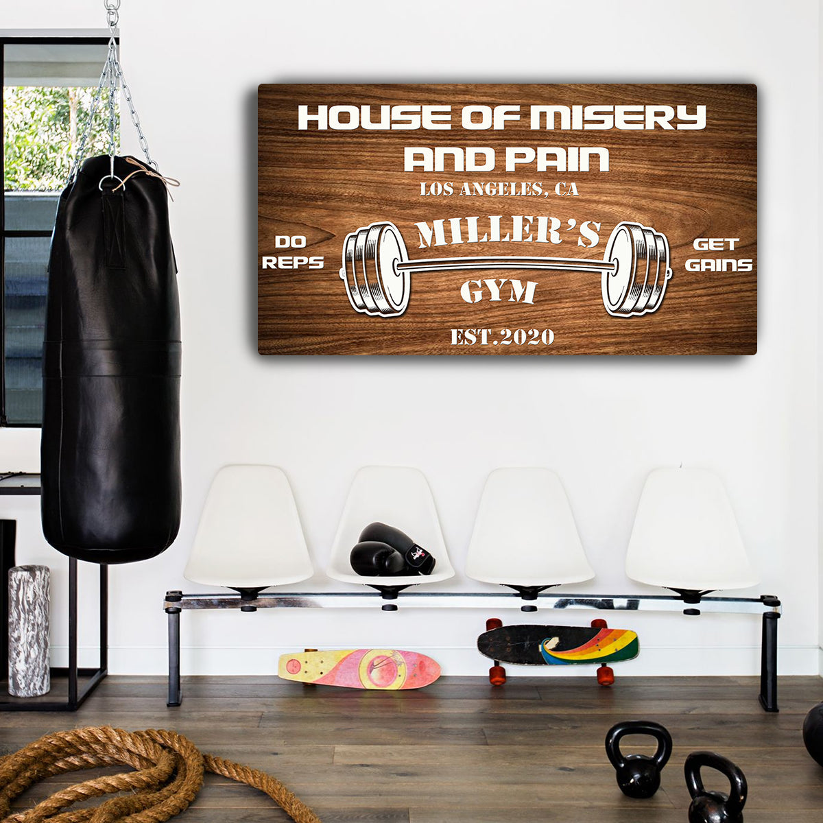 Gym Sign IV canvas by Tailored Canvases wood-grain crafting canvas with barbell graphic on Tampa Home & Garden Store