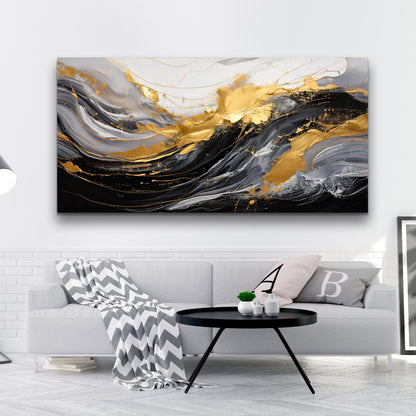 Modern Abstract Shadows Canvas with gray, black and gold swirls above a gray sofa on Tampa Home & Garden Store