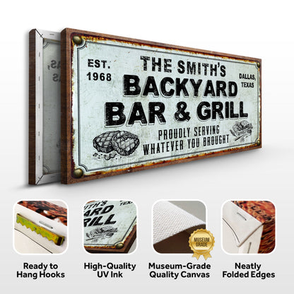 Backyard Bar & Grill canvas sign by Tailored Canvases, blue panel with rusty frame on Tampa Home & Garden Store