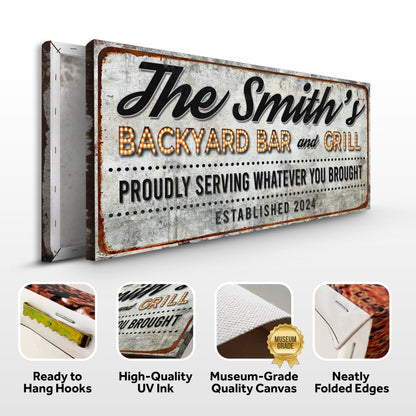 Backyard Bar & Grill Sign XX canvas with rusted metal look, black script and marquee letters on Tampa Home & Garden Store