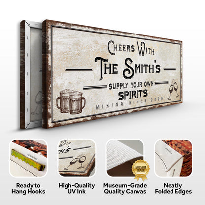 Supply Your Own Spirits Bar Sign Canvas by Tailored Canvases with rustic distressed frame on Tampa Home & Garden Store