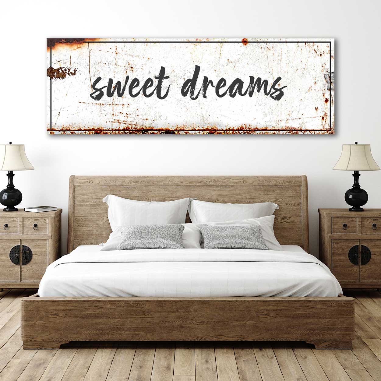 Sweet Dreams Sign canvas wall art by Tailored Canvases, rustic white panel with rust edges on Tampa Home & Garden Store