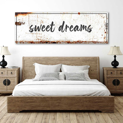 Sweet Dreams Sign canvas wall art by Tailored Canvases, rustic white panel with rust edges on Tampa Home & Garden Store