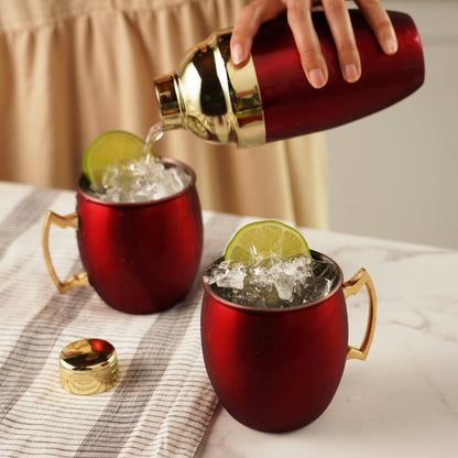Red mule mug & cocktail shaker gift set, 3 red mugs with gold handles, ice and lime on Tampa Home & Garden Store