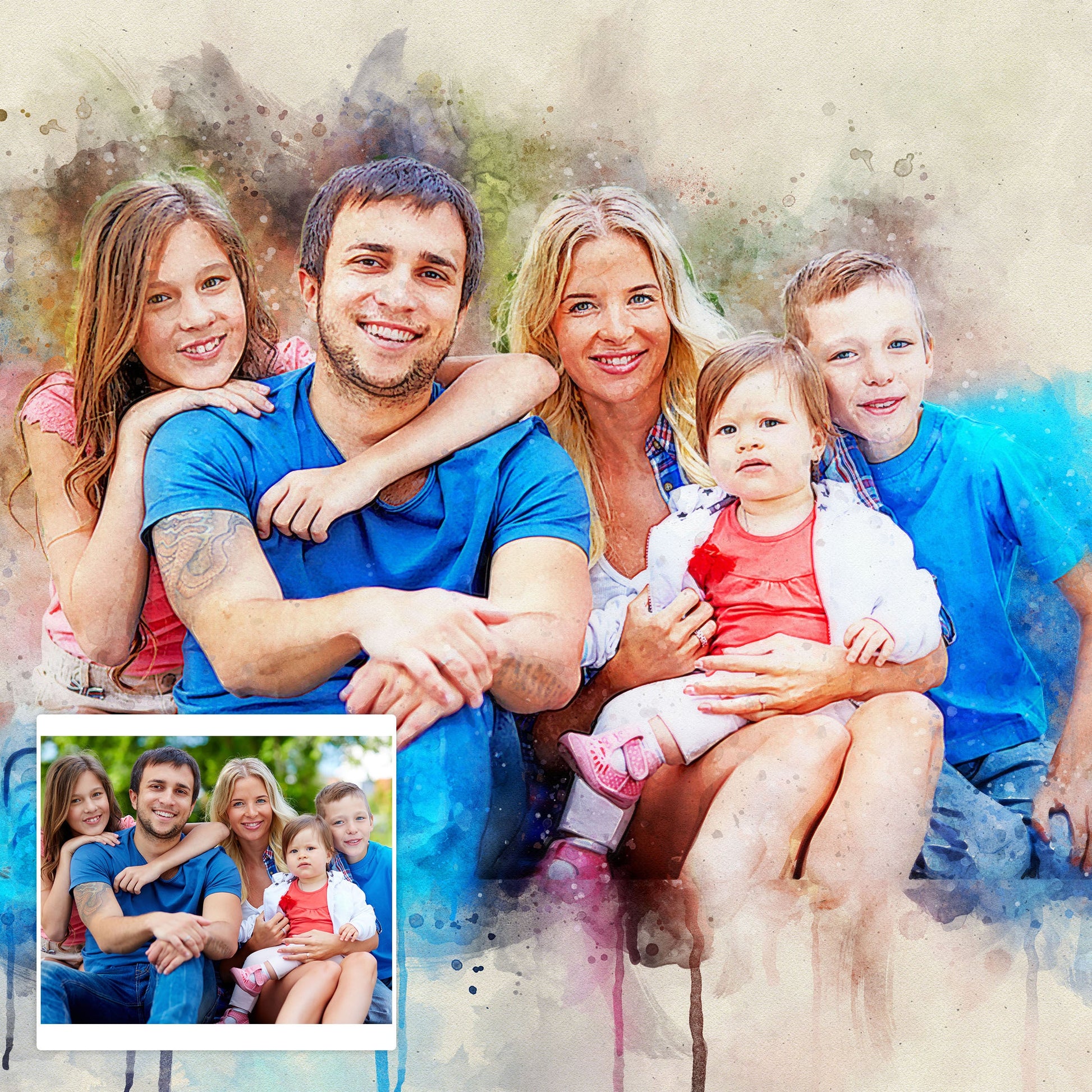 Tailored Canvases family watercolor portrait on canvas with portrait on Tampa Home & Garden Store