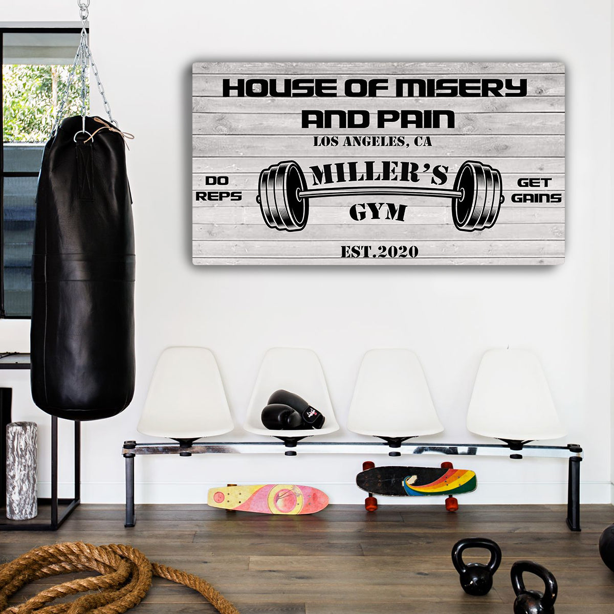 Gym Sign IV canvas by Tailored Canvases with gray weathered wood and bold black typography on Tampa Home & Garden Store