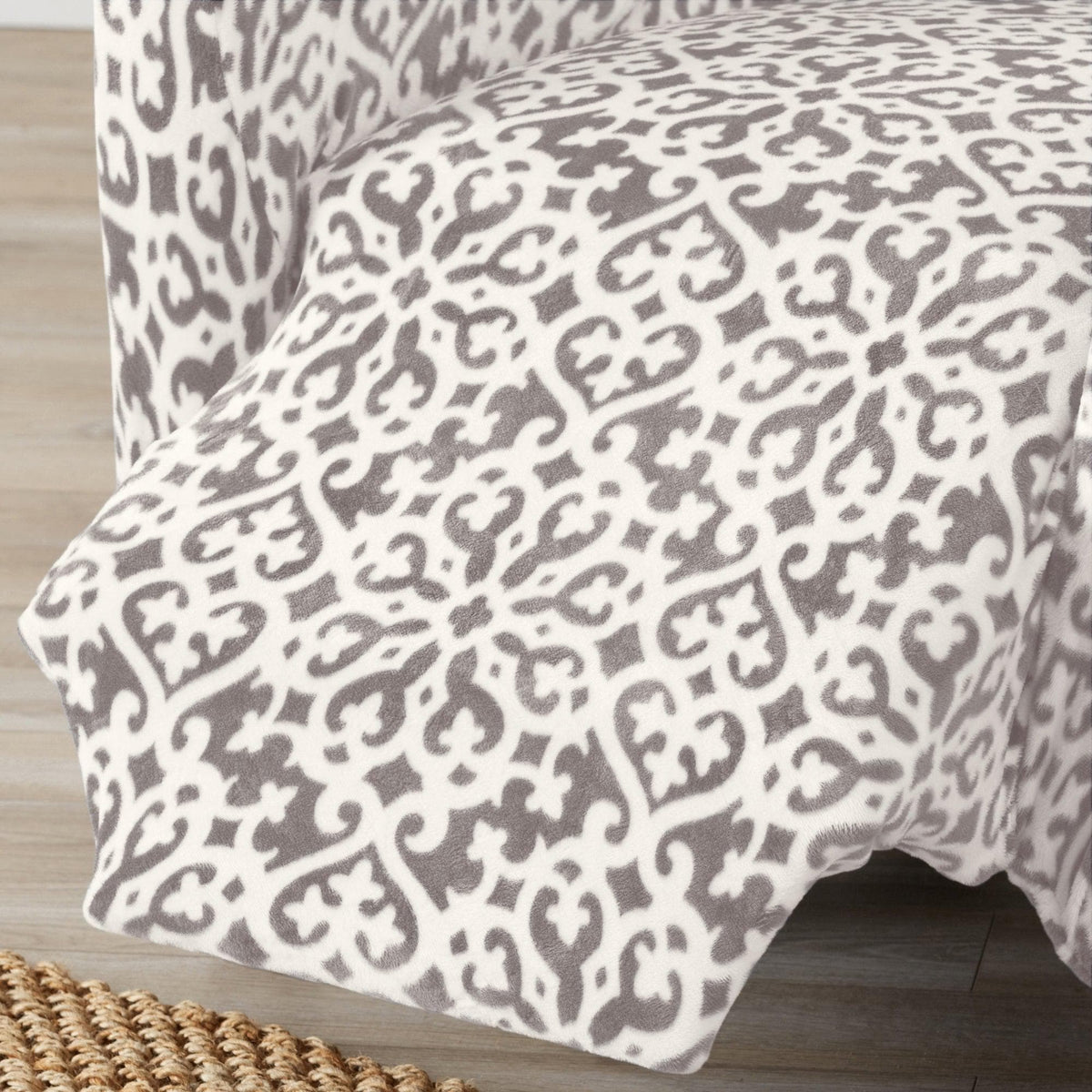 Velvet Stretch Slipcover Gale Collection, gray damask pattern on a chair on Tampa Home & Garden Store