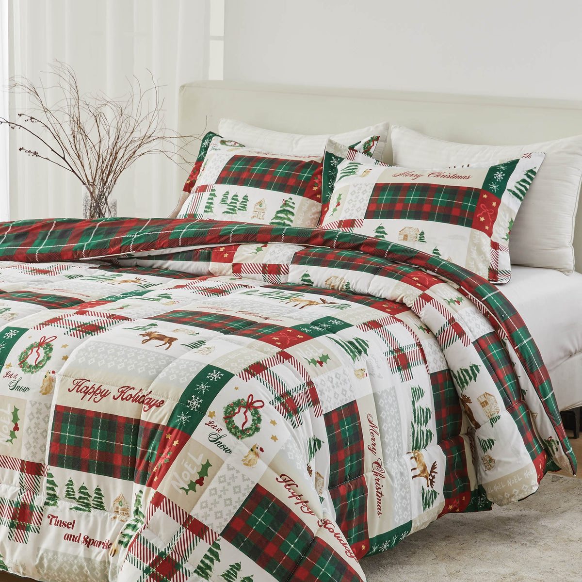 Reversible Christmas Comforter and Sham Set by Great Bay Home, patchwork holiday plaid on bed on Tampa Home & Garden Store