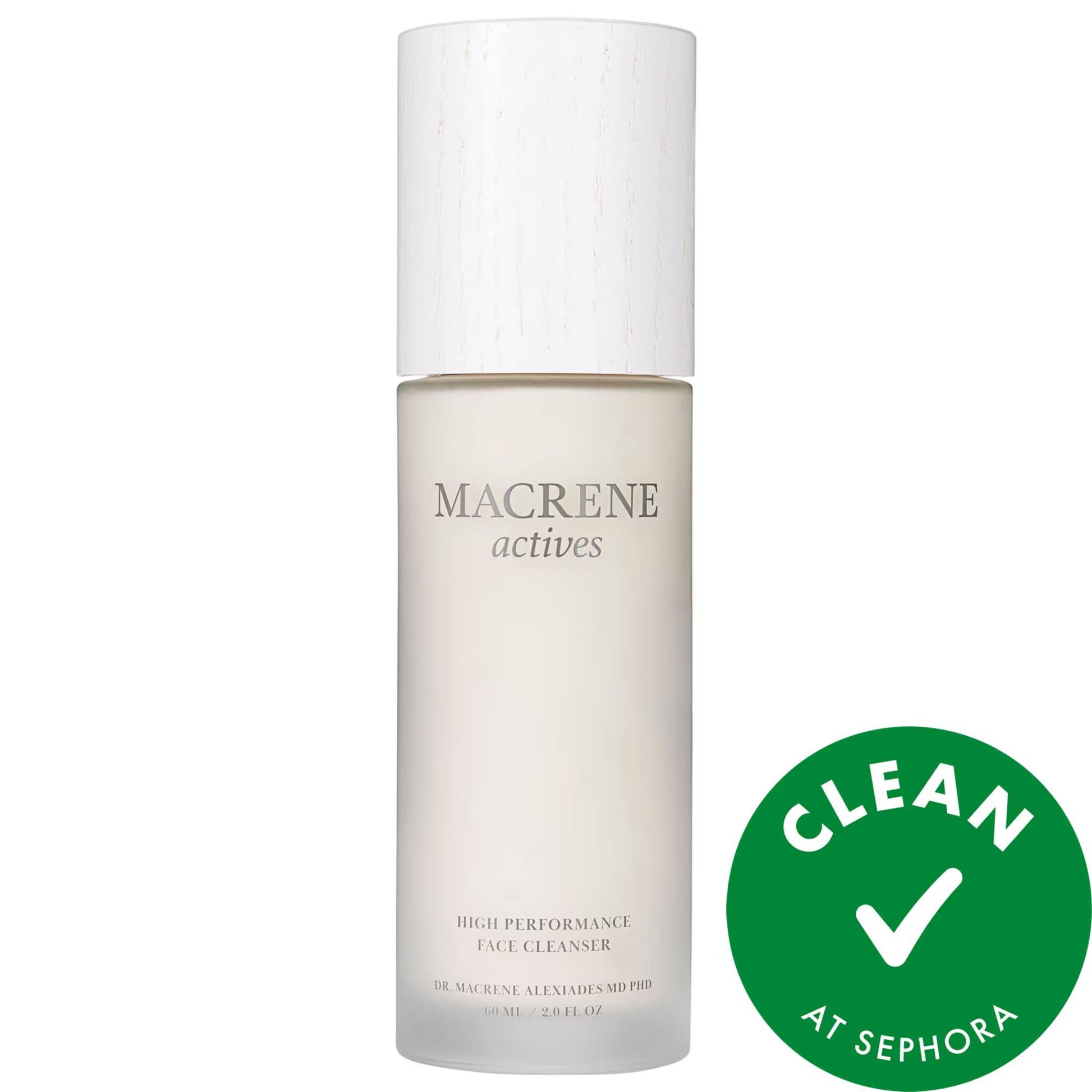 Face cleanser bottle with white marble cap and pale MACRENE label, green vegan seal nearby on Tampa Home & Garden Store