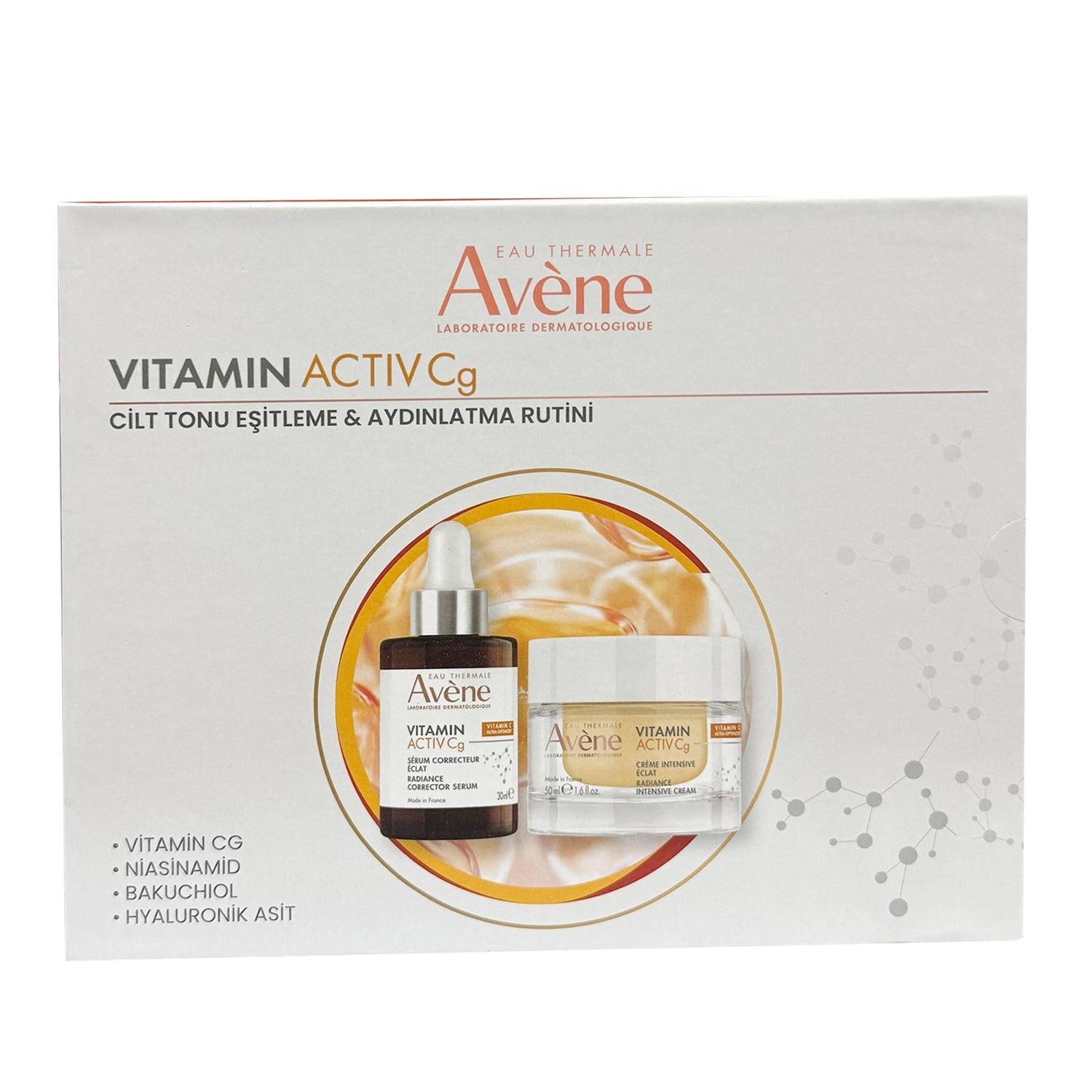 Avène Vitamin Activ Cg Anti-Aging Skincare Set with serum & cream jars in white box on Tampa Home & Garden Store