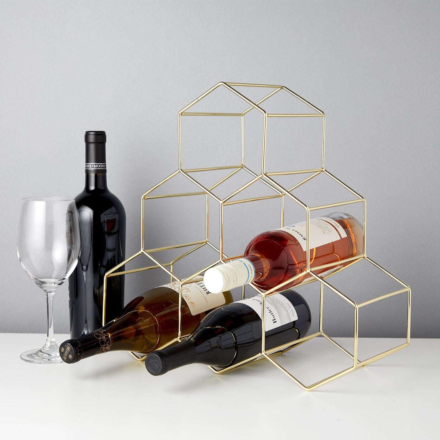 Geometric Gold Countertop Wine Rack and Decor