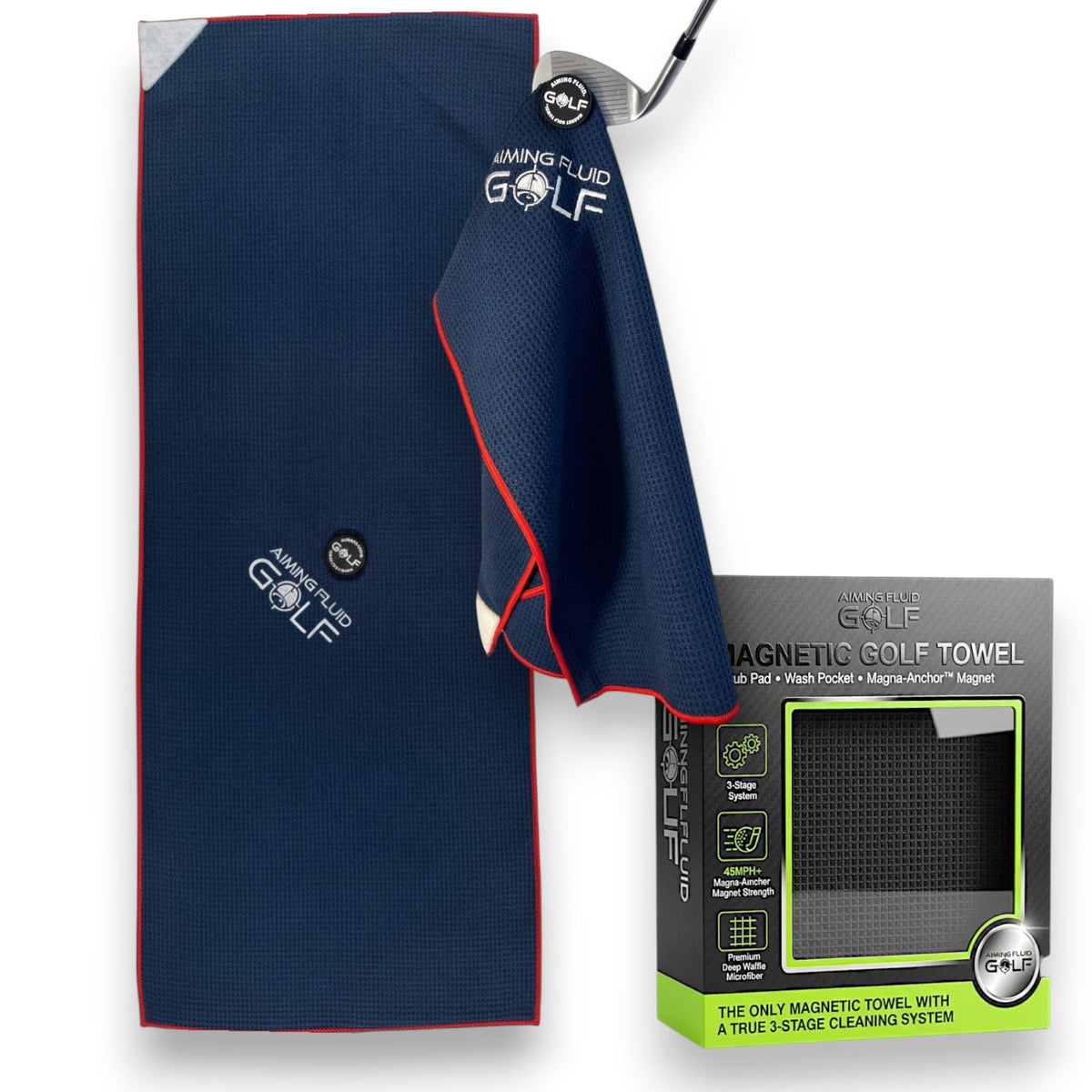 Magna-Anchor Magnetic Golf Towel navy blue with red trim beside box by Aiming Fluid Golf on Tampa Home & Garden Store