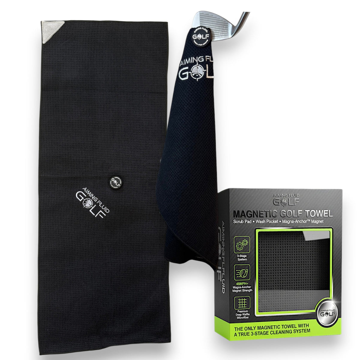 Magnetic Golf Towel Magna-Anchor 16x40 in black with magnet system; Aiming Fluid Golf on Tampa Home & Garden Store