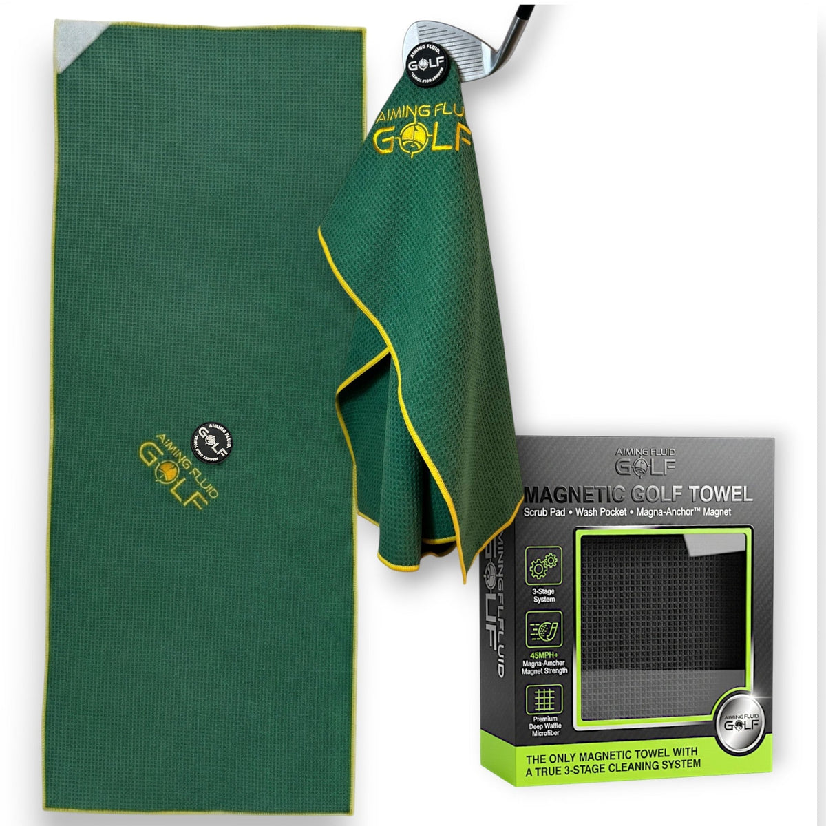 Magna-Anchor Magnetic Golf Towel – The 40 green towel from Aiming Fluid Golf, yellow trim, attached to a golf iron on Tampa Home & Garden Store