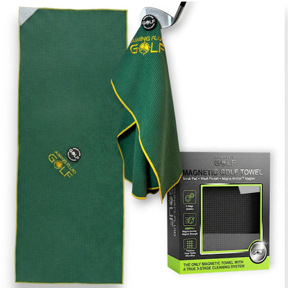 Magna-Anchor Magnetic Golf Towel – The 40 green towel from Aiming Fluid Golf, yellow trim, attached to a golf iron on Tampa Home & Garden Store