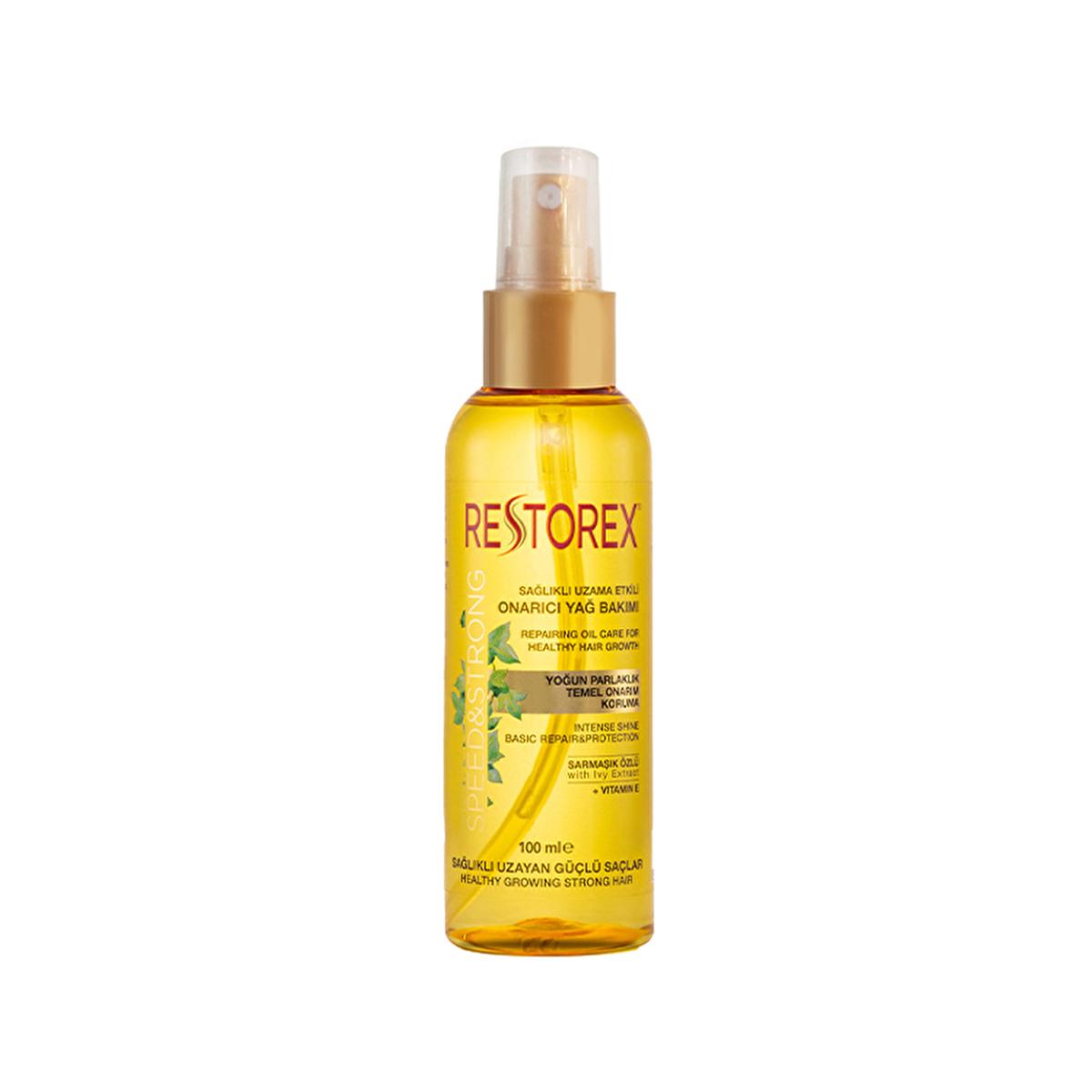 Restorex Hair Care Oil spray bottle by Beauty Care Bag, yellow bottle with ivy extract label on Tampa Home & Garden Store