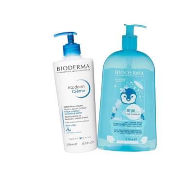 Bioderma baby skincare set: gentle cleanser & moisturizer in white and blue bottles on Tampa Home & Garden Store