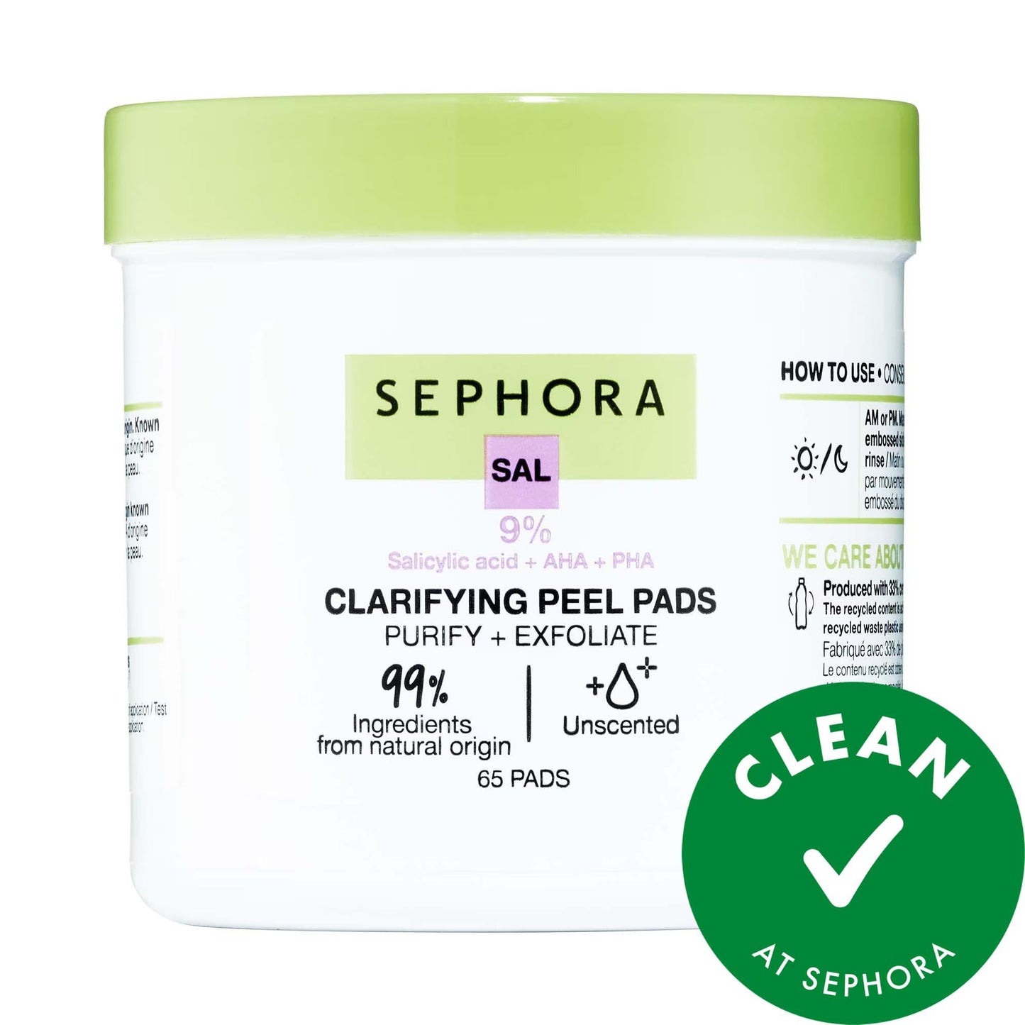 Sephora Clarifying Peel Pads exfoliator jar with lime-green lid and salicylic acid formula on Tampa Home & Garden Store