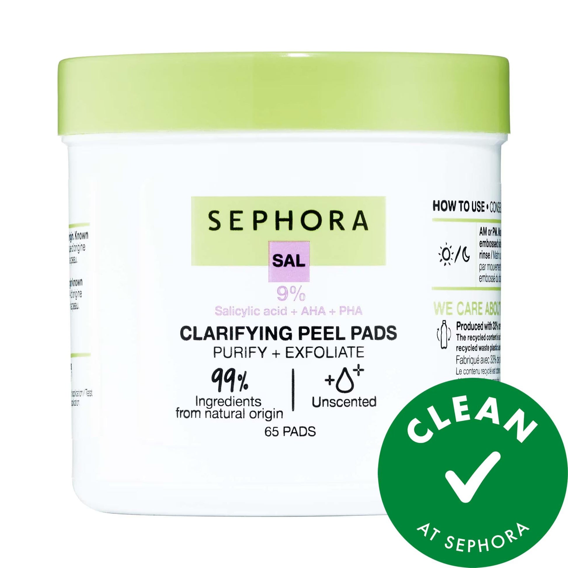 Sephora Clarifying Peel Pads exfoliator jar with lime-green lid and salicylic acid formula on Tampa Home & Garden Store