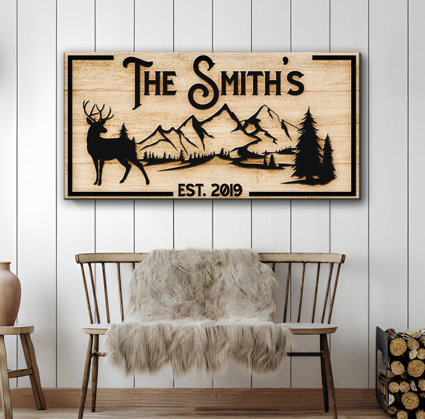 Family Mountain Sign canvas by Tailored Canvases with mountains, deer, pines in rustic wood on Tampa Home & Garden Store