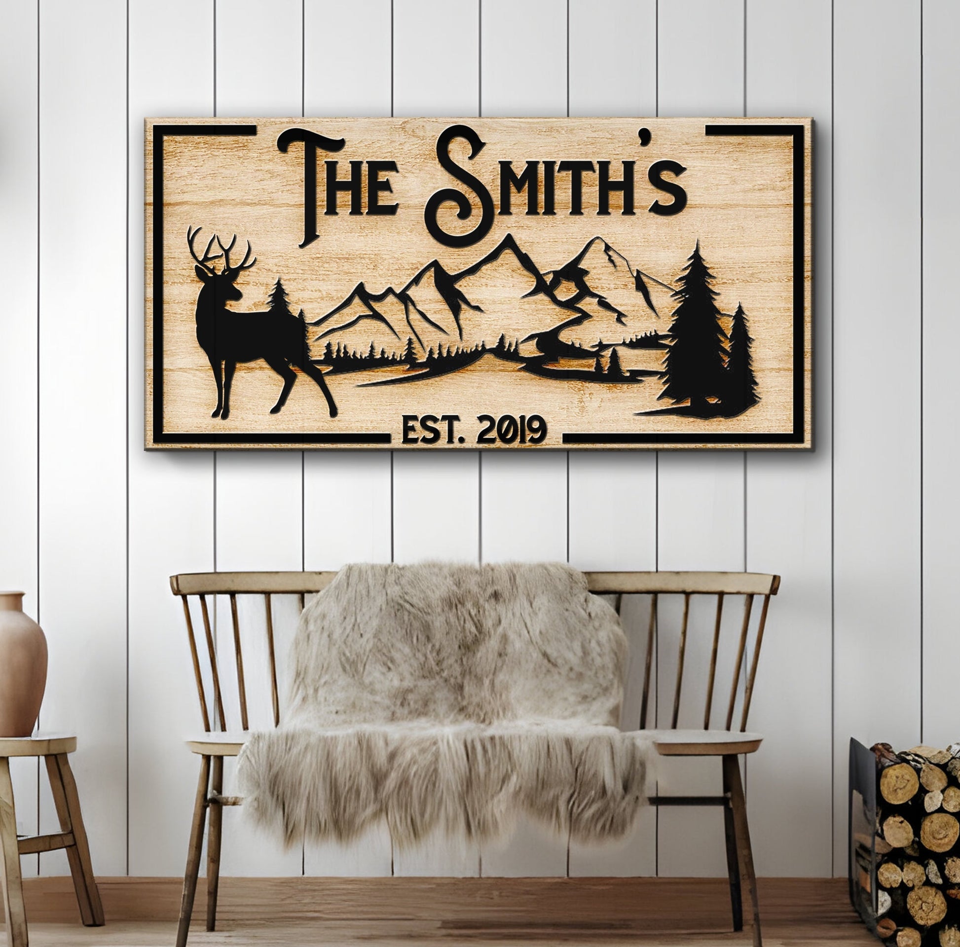 Family Mountain Sign canvas by Tailored Canvases with mountains, deer, pines in rustic wood on Tampa Home & Garden Store