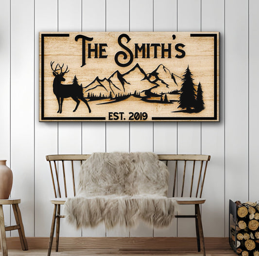 Family Mountain Sign canvas by Tailored Canvases with mountains, deer, pines in rustic wood on Tampa Home & Garden Store