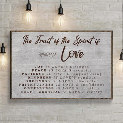 Canvas sign Galatians 5:22-23 Sign III by Tailored Canvases on rustic brick wall on Tampa Home & Garden Store
