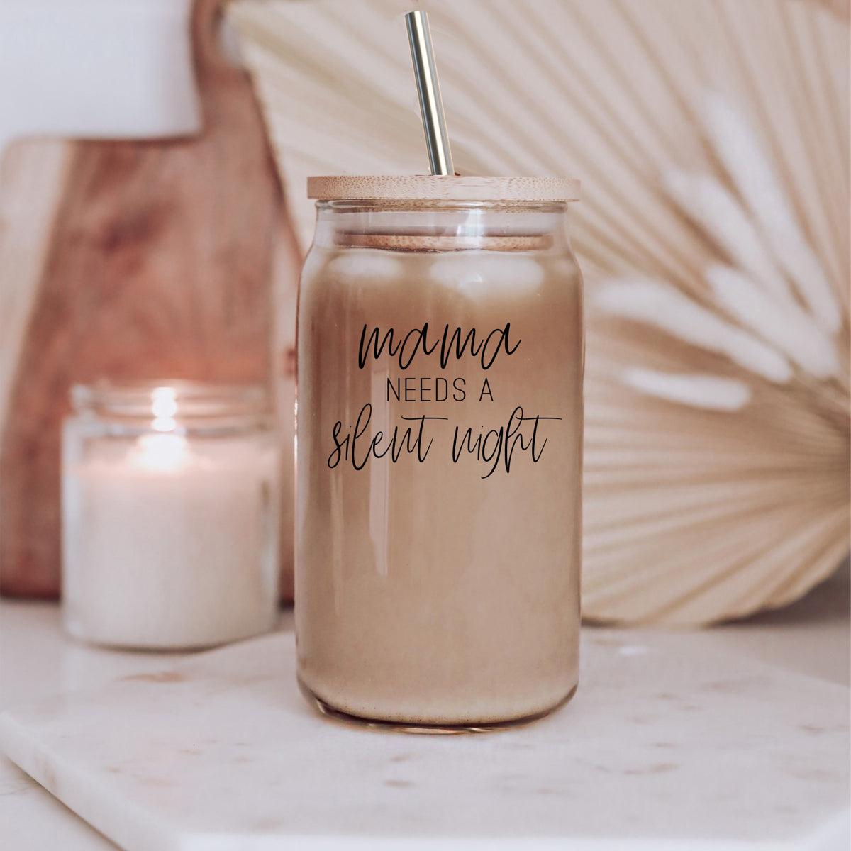 Mama Silent Night 17oz glass cup by Gia Roma with metal straw beige beverage drinkware on Tampa Home & Garden Store