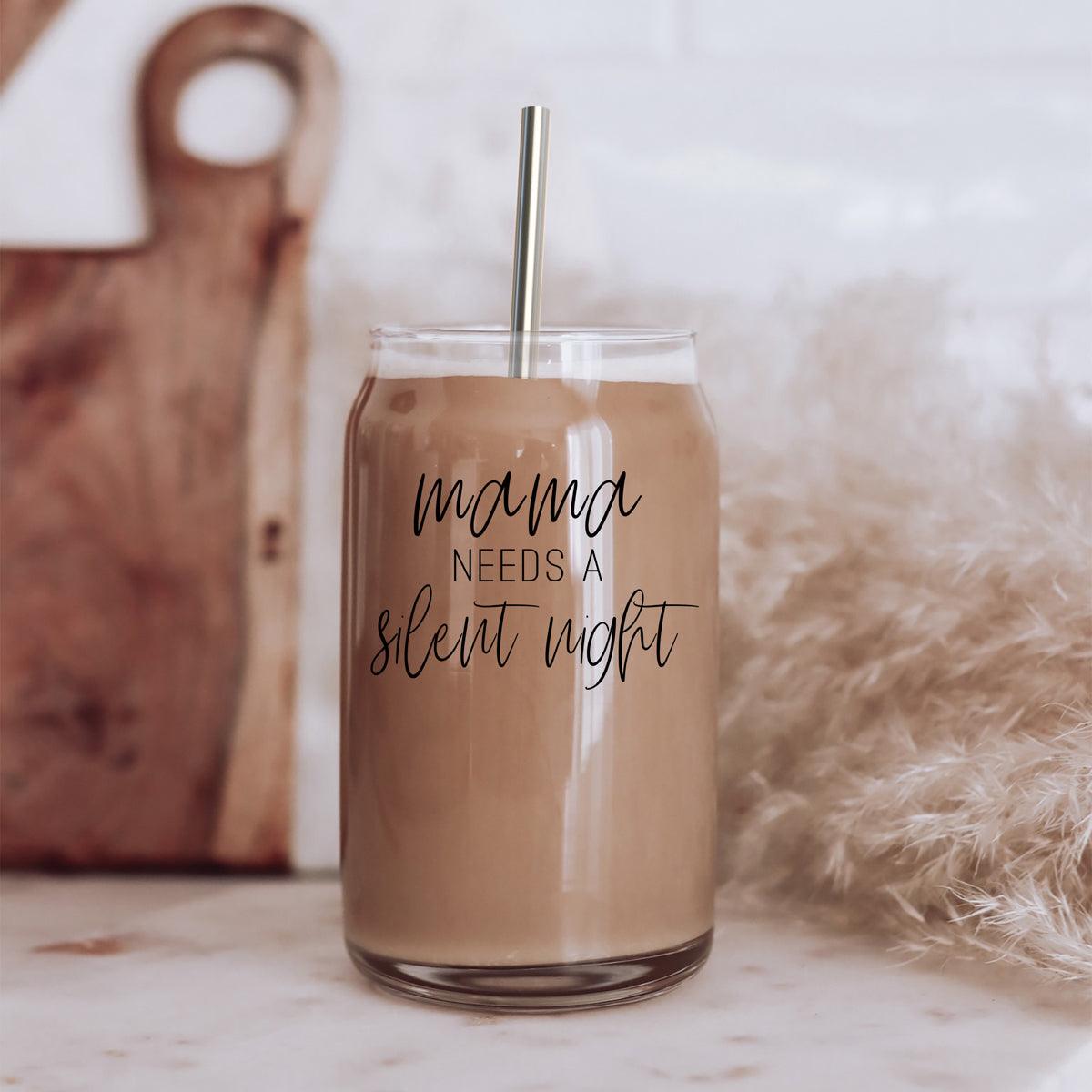 Mama Silent Night 17oz glass cup by Gia Roma with stainless straw drinkware on Tampa Home & Garden Store
