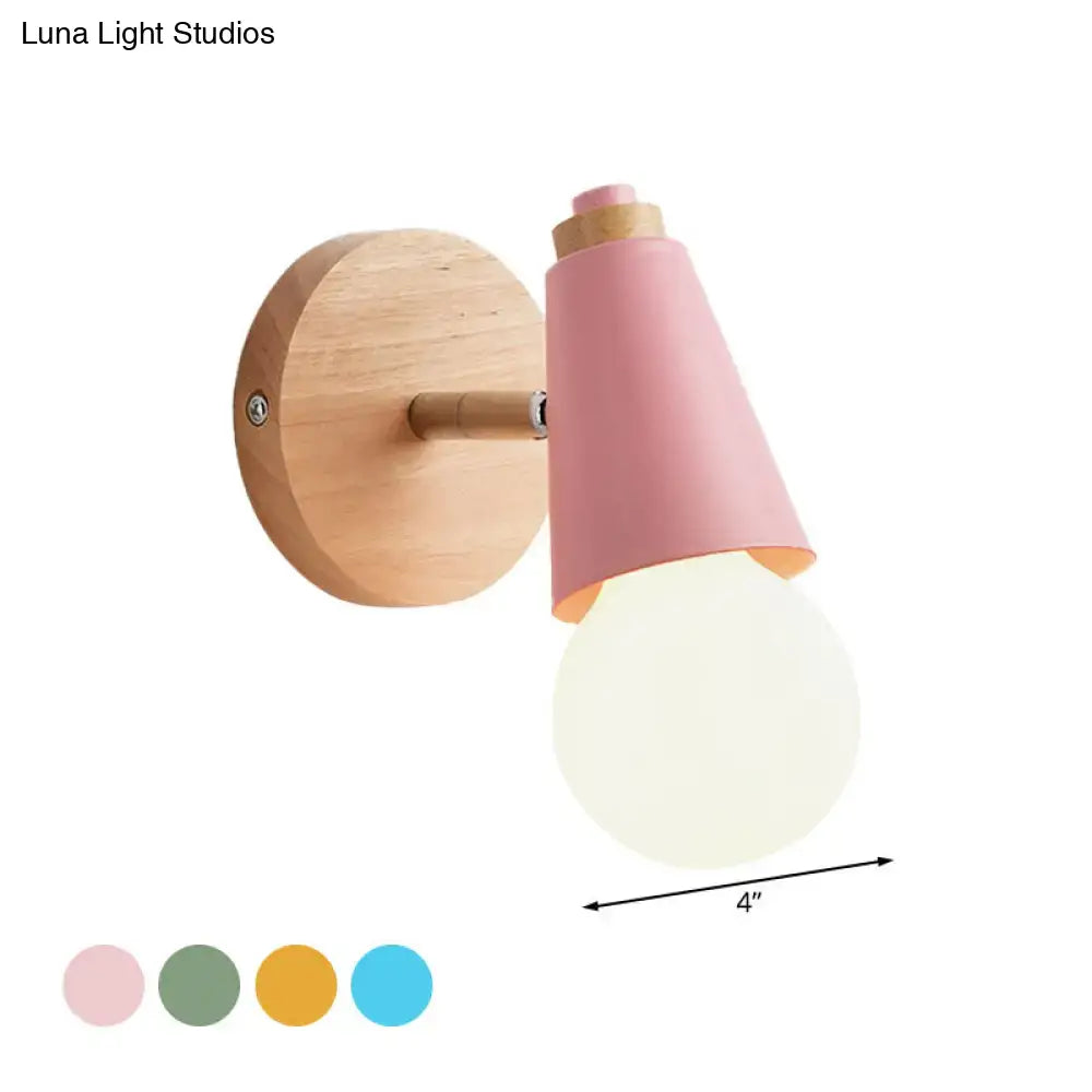 Pink Cone Wall Sconce with wooden backplate and pink conical shade, 4 inches wide on Tampa Home & Garden Store