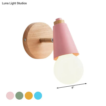 Pink Cone Wall Sconce with wooden backplate and pink conical shade, 4 inches wide on Tampa Home & Garden Store