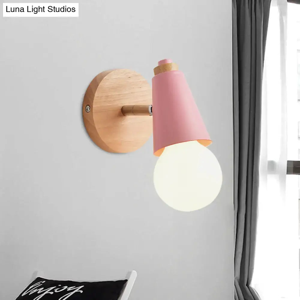 Pink cone wall sconce with wooden round base and exposed bulb Decorbites on Tampa Home & Garden Store