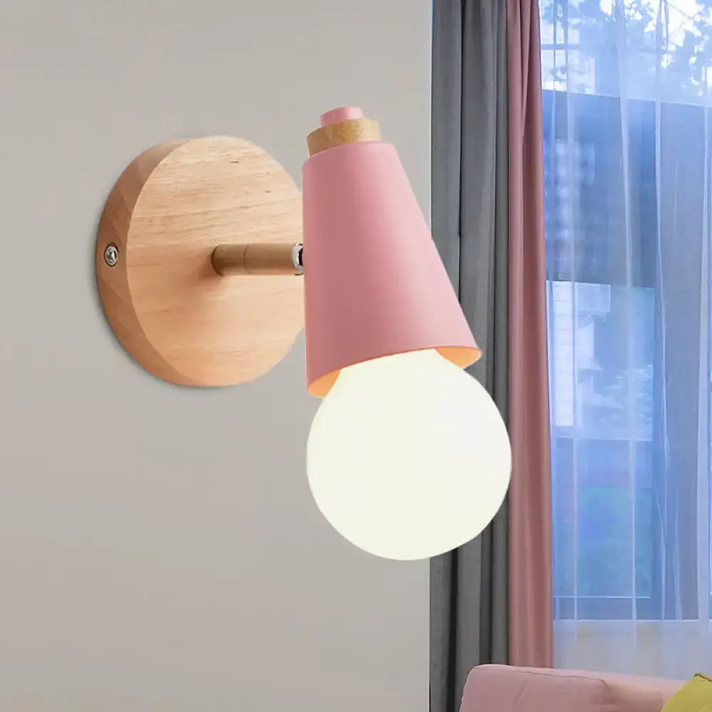 Pink Cone Wall Sconce by Decorbites; pink conical shade with round wooden backplate on Tampa Home & Garden Store
