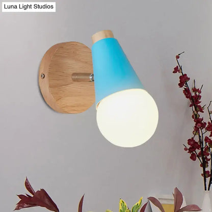 Pink Cone Wall Sconce by Decorbites with wooden round backplate and blue cone shade, white bulb on Tampa Home & Garden Store