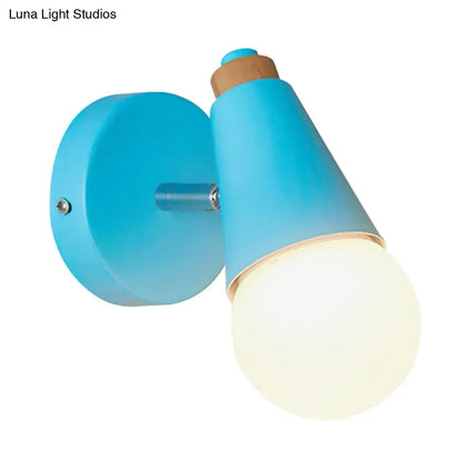Pink Cone Wall Sconce with blue base, conical shade and frosted bulb wall light on Tampa Home & Garden Store