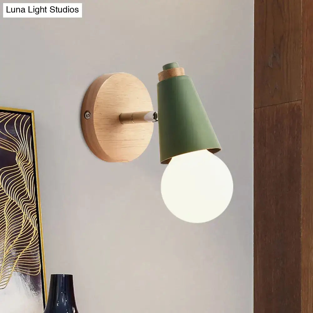 Pink Cone Wall Sconce with green metal shade, round wooden backplate, exposed bulb on Tampa Home & Garden Store