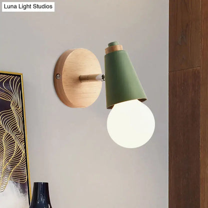 Pink Cone Wall Sconce with green metal shade, round wooden backplate, exposed bulb on Tampa Home & Garden Store