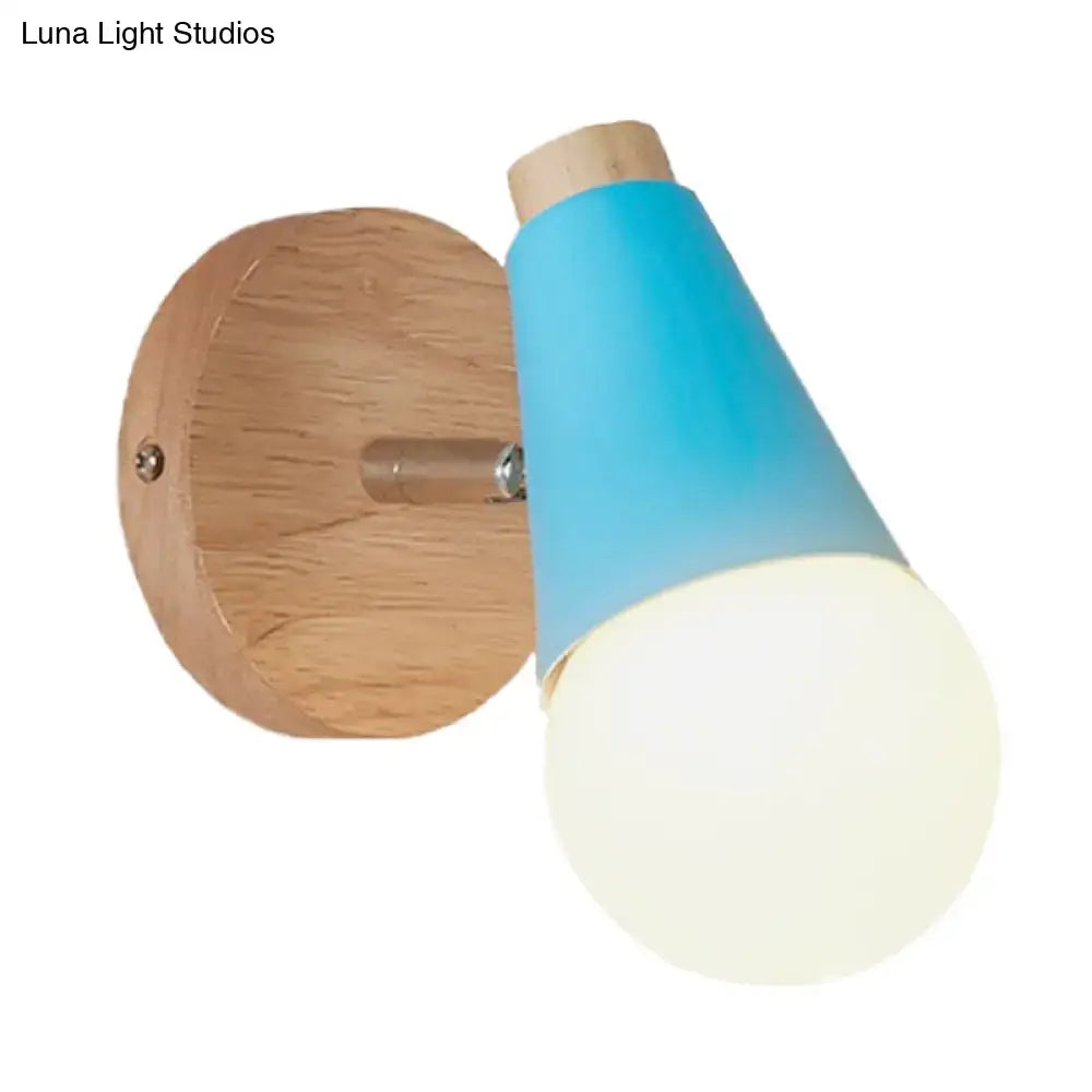 Pink cone wall sconce by Decorbites with wooden backplate and blue shade on Tampa Home & Garden Store
