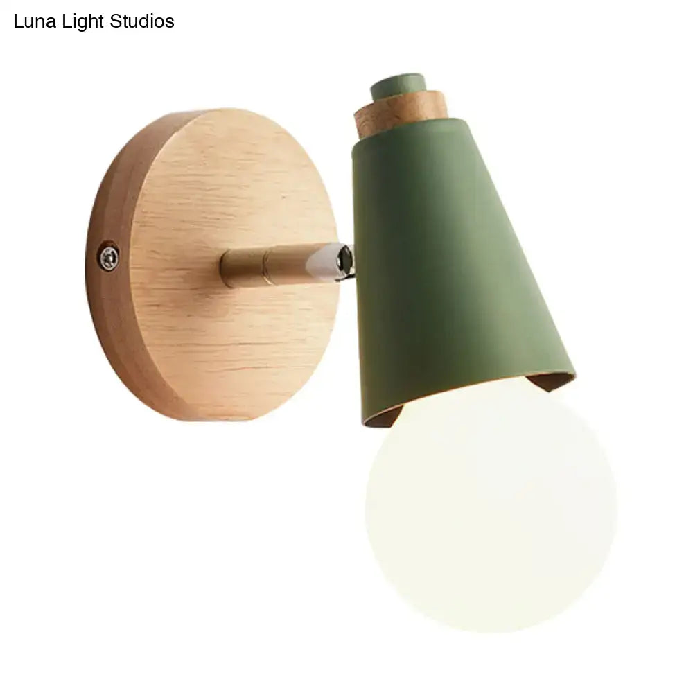 Pink Cone Wall Sconce by Decorbites with wood backplate and green cone shade on Tampa Home & Garden Store