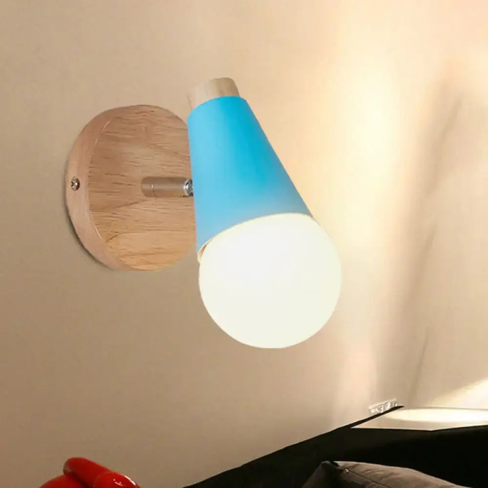 Blue cone wall sconce with wood round backplate by Decorbites on Tampa Home & Garden Store