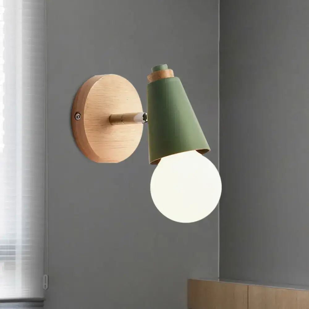Pink cone wall sconce by Decorbites on wooden backplate with green shade and bulb on Tampa Home & Garden Store