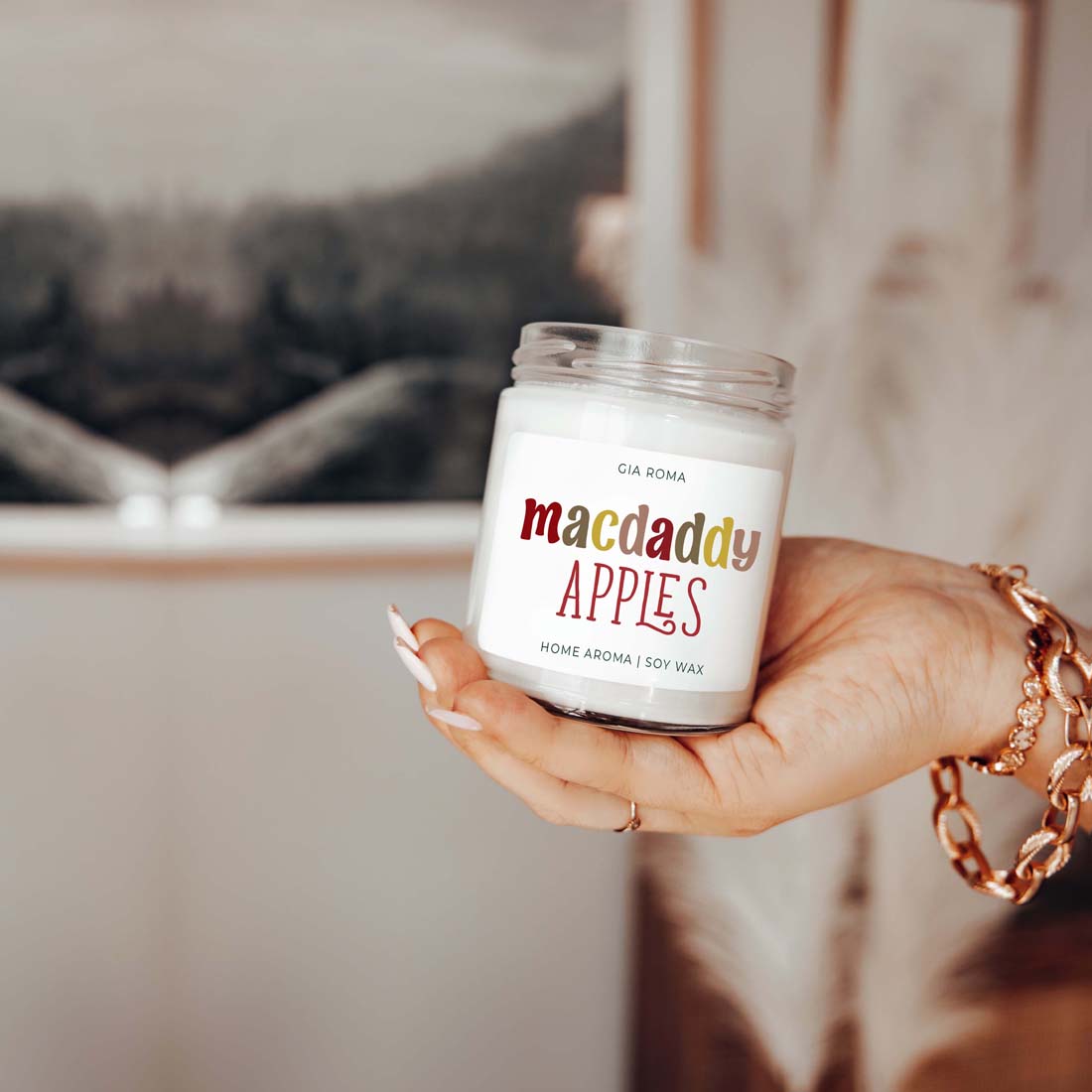 Macdaddy Apples candle by Gia Roma in a white glass jar with multicolor label and soy wax on Tampa Home & Garden Store
