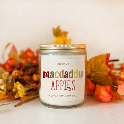 Mac Apple Candle by Gia Roma; apple-scented soy wax in a clear glass jar on Tampa Home & Garden Store