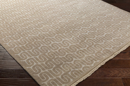 Madeley Wool Carpet Area Rug beige with white geometric loop pattern on dark wood floor on Tampa Home & Garden Store