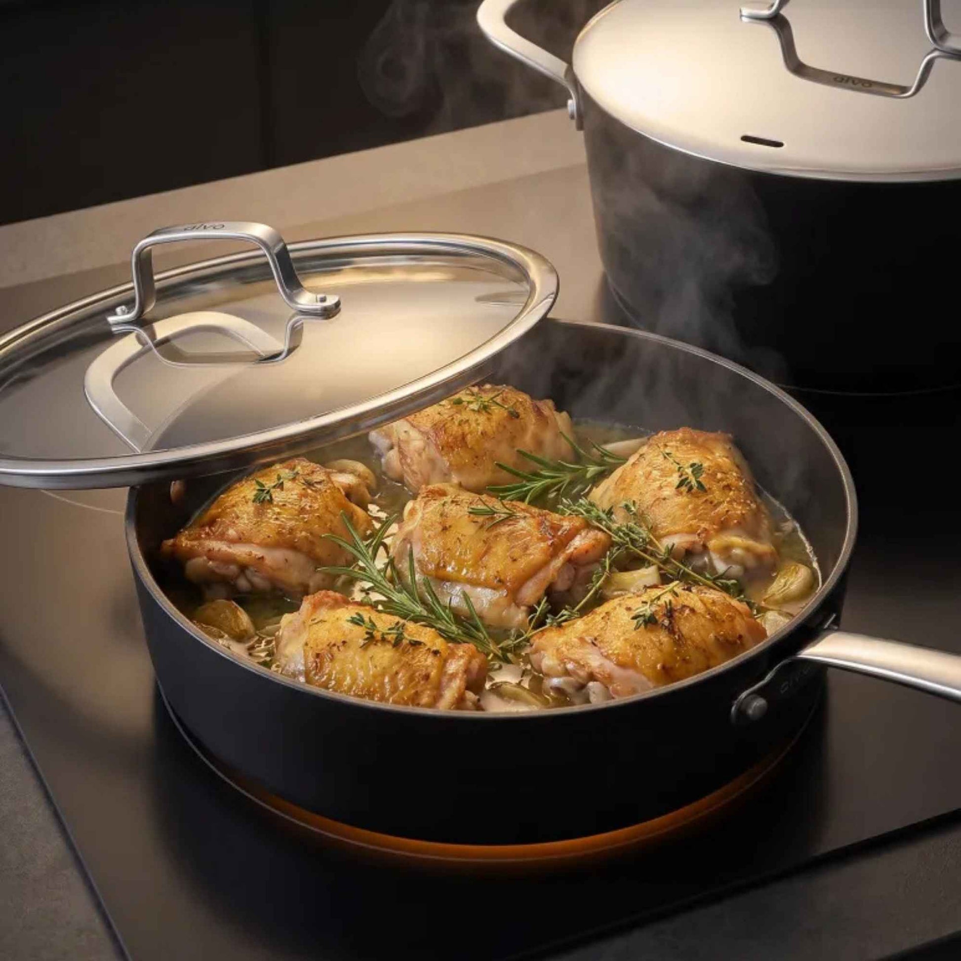 Ceramic Nonstick Cookware Set by Alva; pot with glass lid cooking roasted chicken on Tampa Home & Garden Store