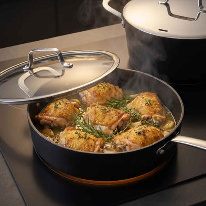 Ceramic Nonstick Cookware Set by Alva; pot with glass lid cooking roasted chicken on Tampa Home & Garden Store