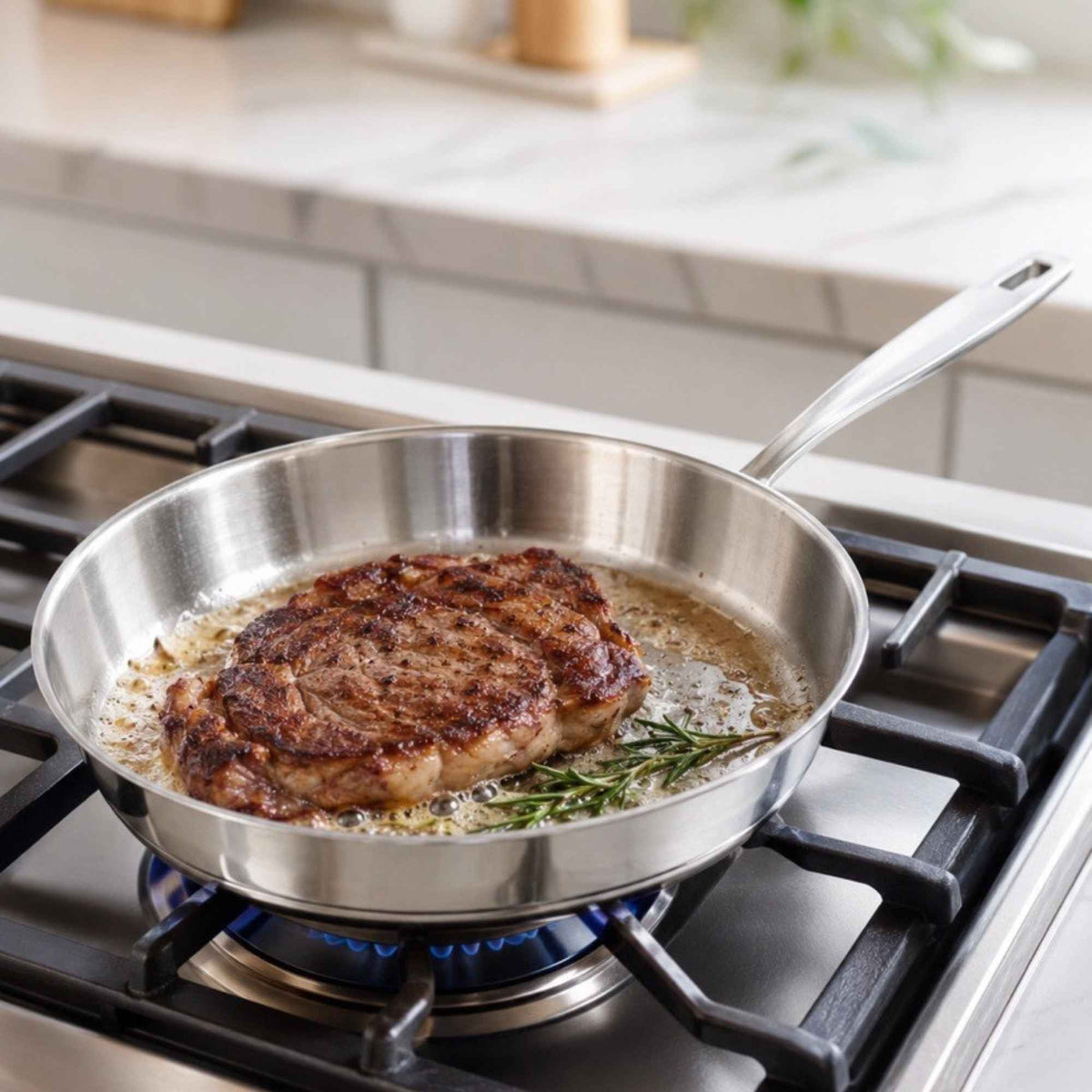 5-Ply Stainless Steel Frying Pan by Alva Cookware on a gas stove with seared meat and herbs on Tampa Home & Garden Store